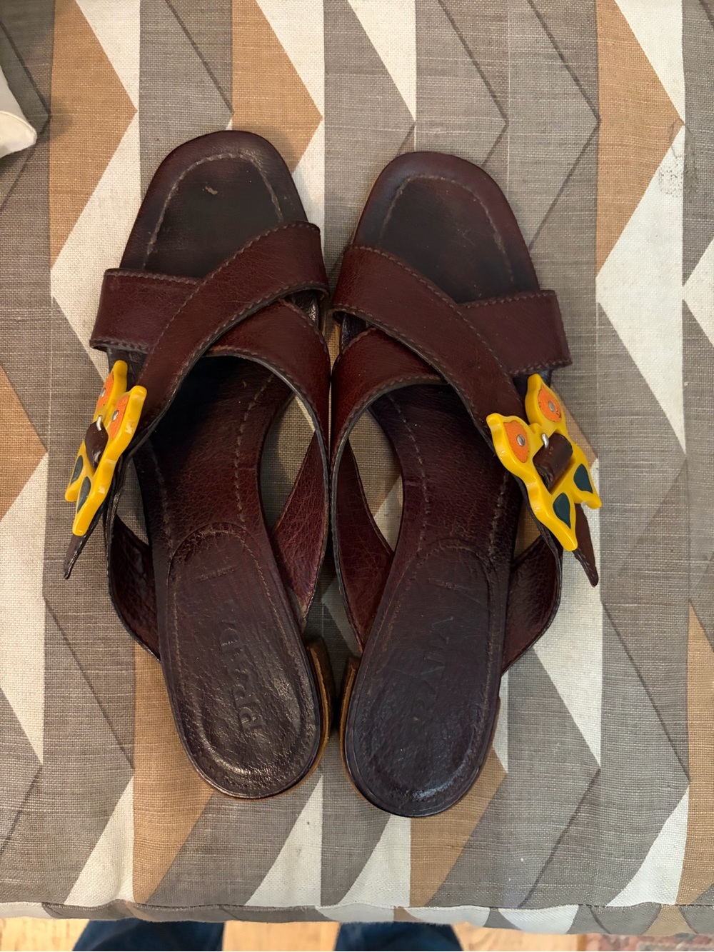 Vintage PRADA Brown Leather Slide Sandals with Yellow Butterfly Resin Buckles